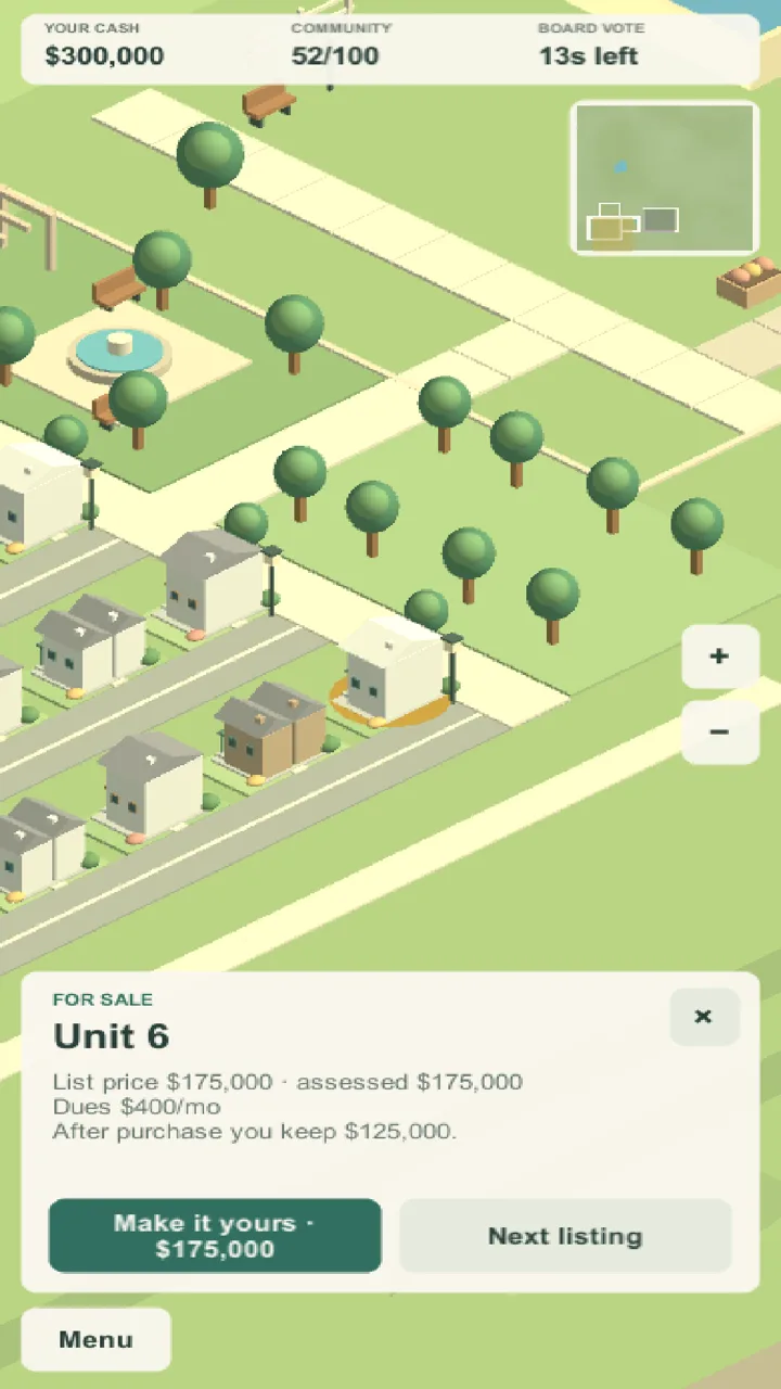 Common Grounds on a phone: an isometric neighborhood of homes and trees with a card offering 'Unit 6' for sale, a 'Make it yours' button and a 'Next listing' button.