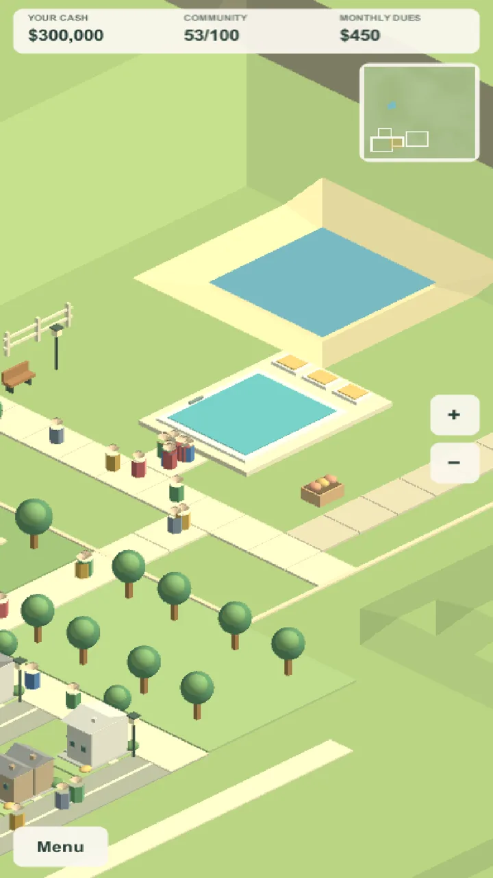 Residents gathered at a community pool on a raised terrace, with trees and paths around it.